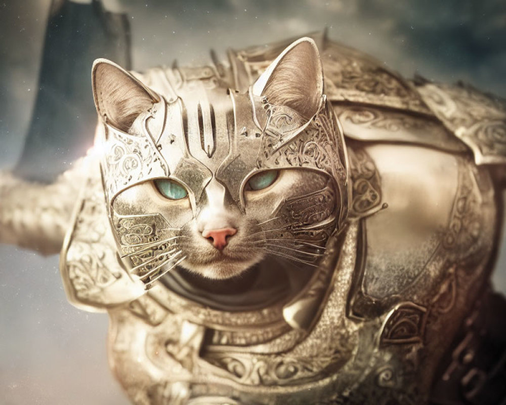 Digital Artwork: Cat with Blue Eyes in Ornate Metallic Armor