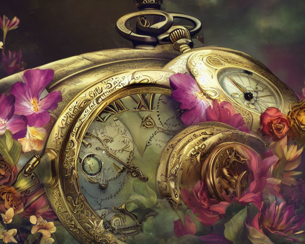 Golden pocket watch with vibrant flowers on dark background