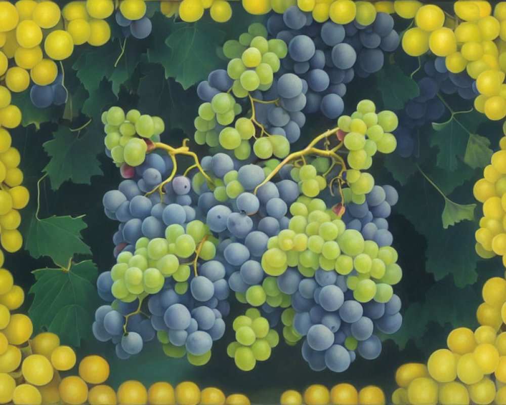 Illustration of ripe green and purple grapes on vine with grape leaves in dark background