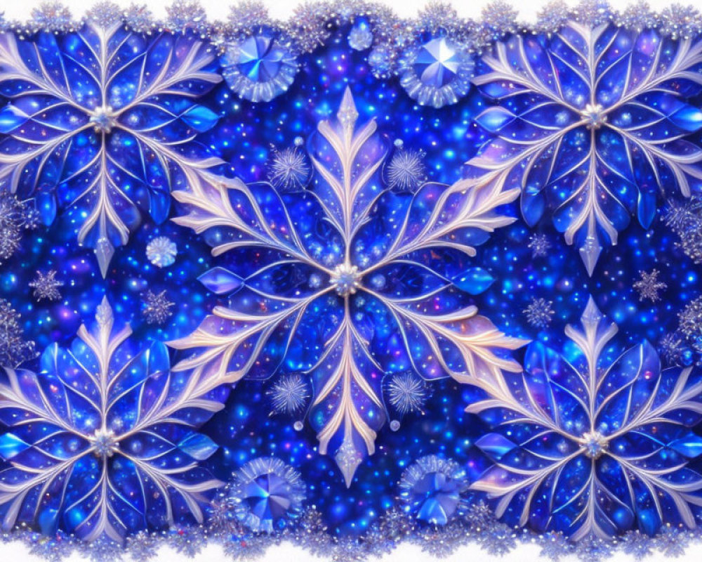 Symmetrical blue and purple snowflake designs with glittering accents