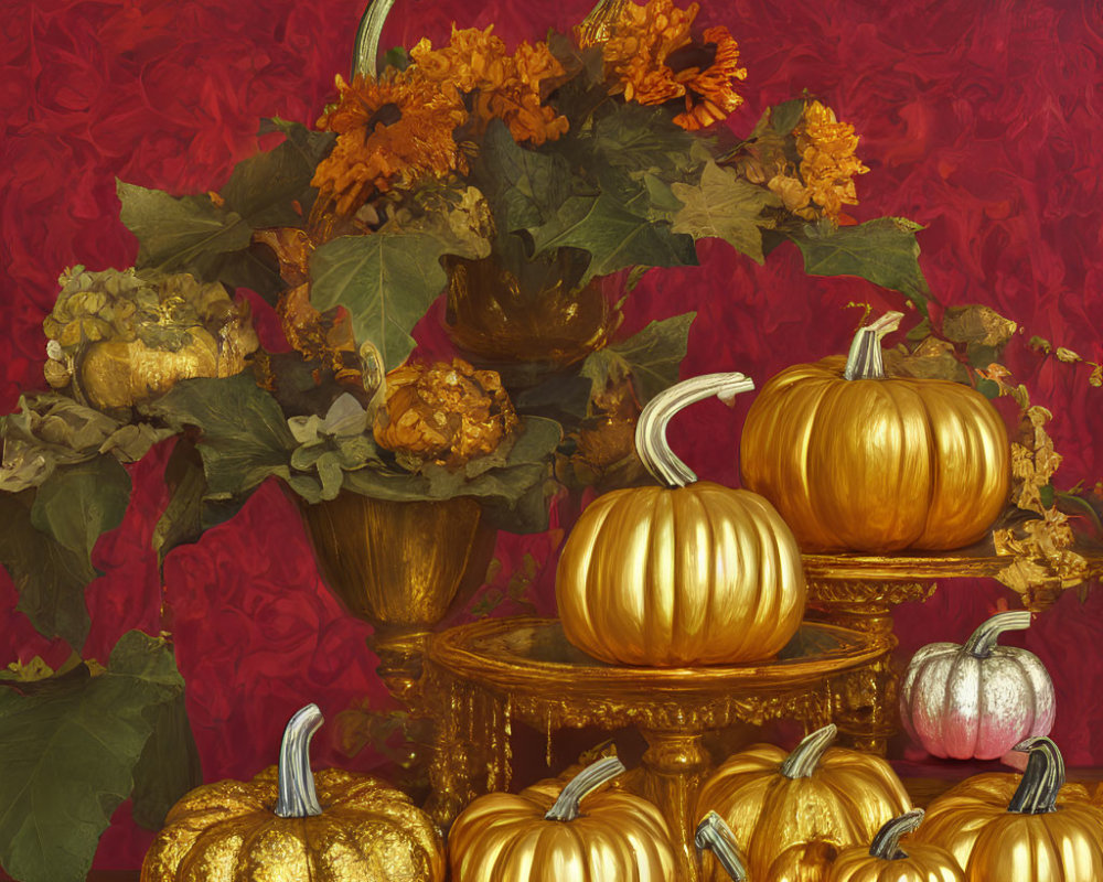 Golden pumpkins and orange flowers on red background with green leaves