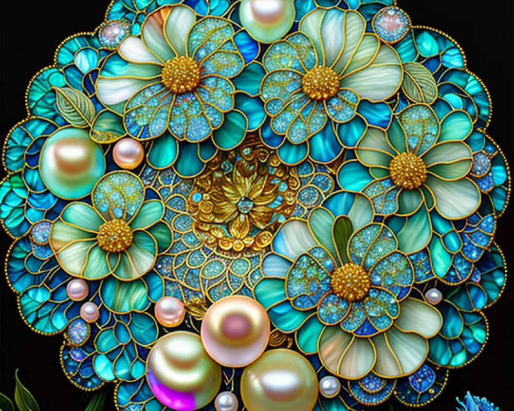 Symmetrical jewel-toned flower and pearl digital art on dark background