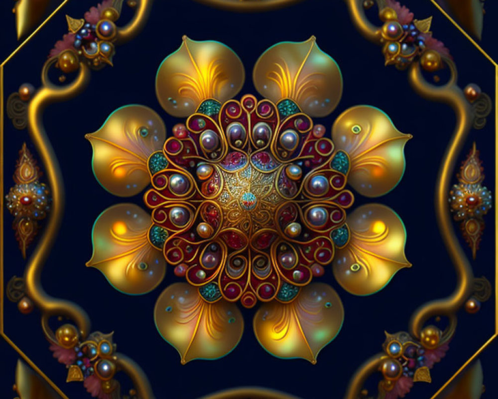 Intricate Golden Mandala with Floral Patterns and Jewels on Dark Background