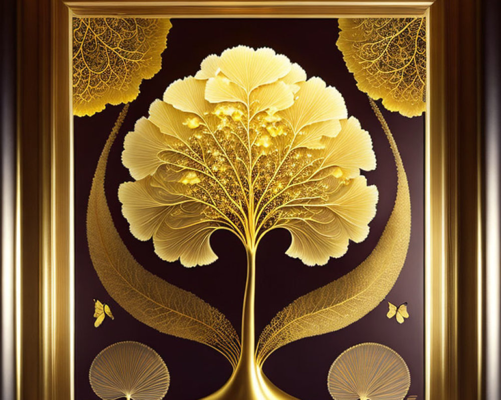 Golden Tree Artwork: Intricate Branches & Butterflies on Dark Background