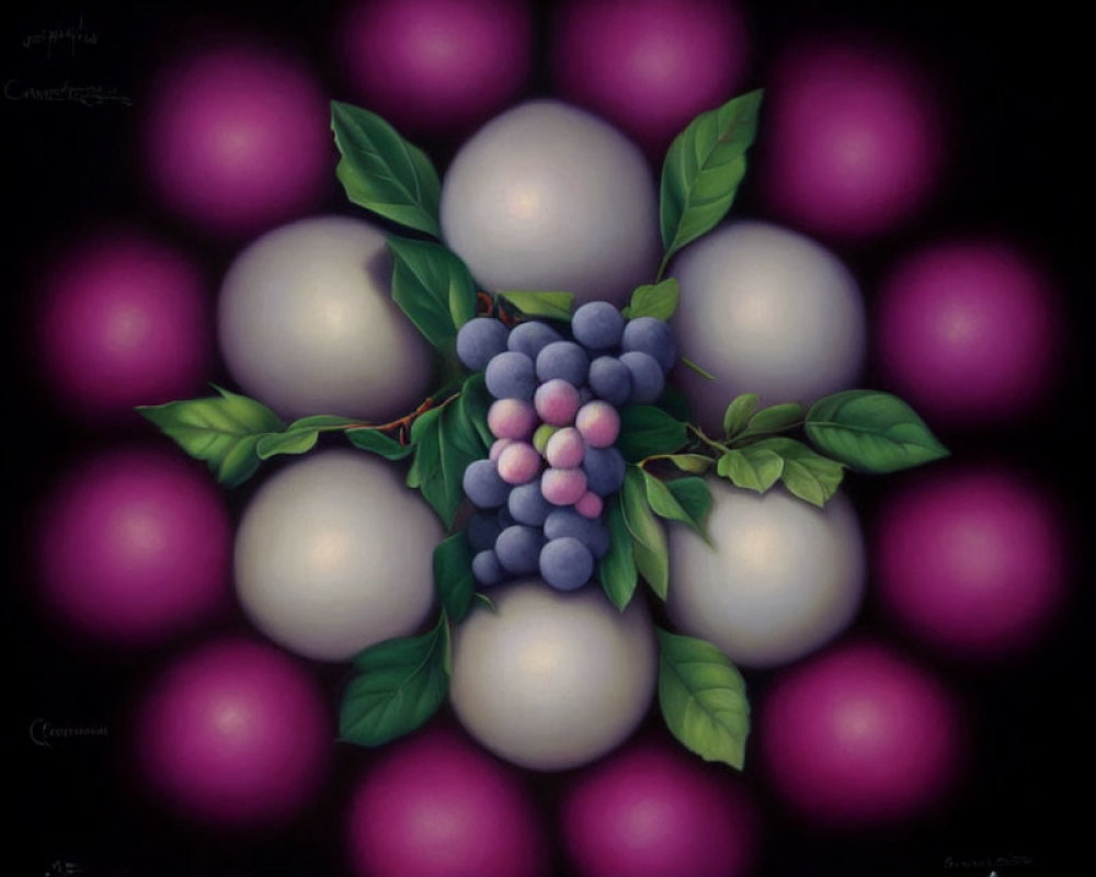 Surreal artwork featuring grapes, pearls, and green leaves