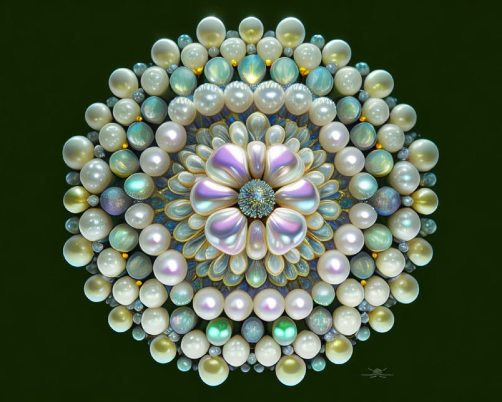 Ornamental spherical digital artwork with flower center and pearl layers