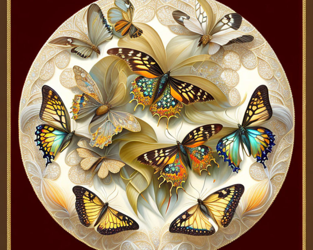 Colorful Butterfly Circle on Maroon Background with Golden Border