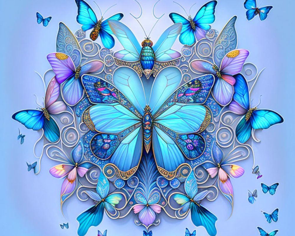 Symmetrical Blue Butterfly Artwork on Soft Blue Background