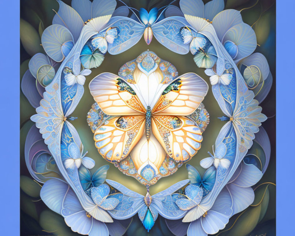 Symmetrical Butterfly and Floral Artwork in Blue and White