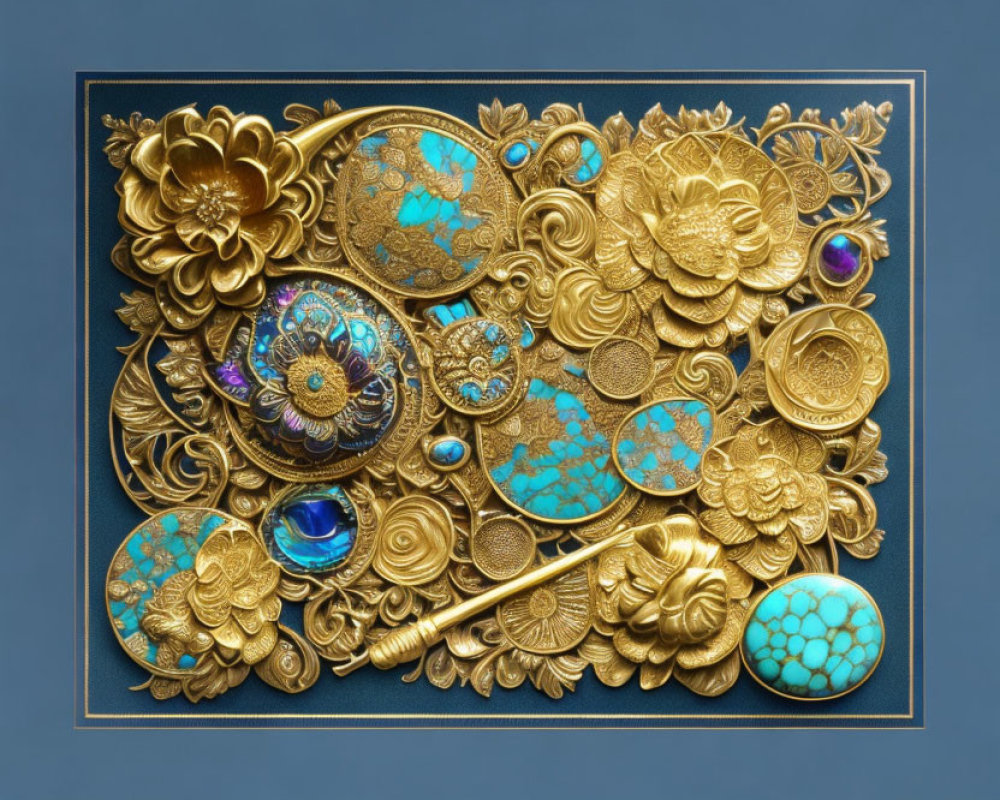 Detailed Golden Bas-Relief with Floral Motifs & Precious Stones