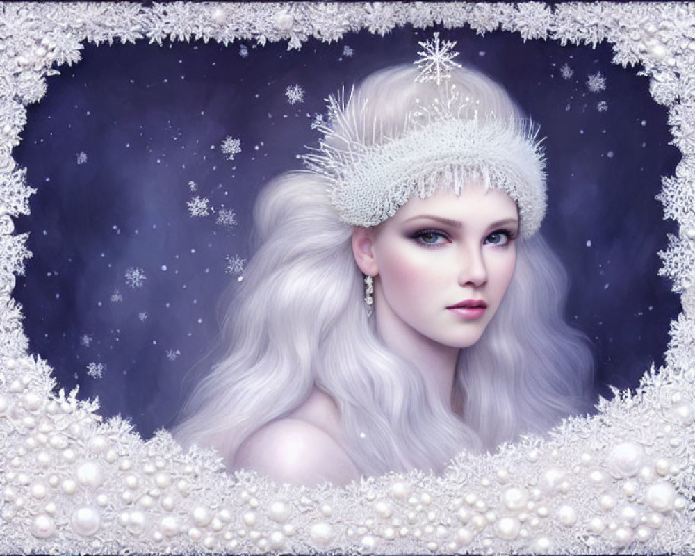 Pale-skinned woman with silver hair in sparkly headband against snowy starry backdrop.