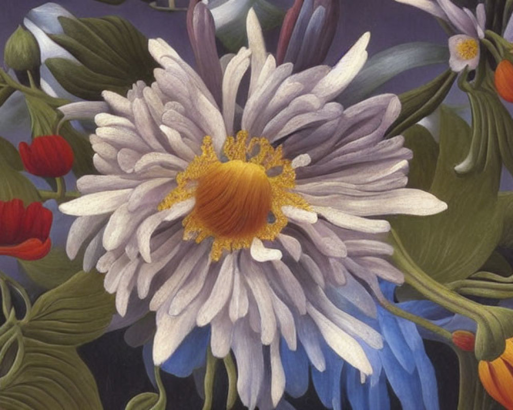 Detailed Still-Life Painting of Vibrant Flowers on Muted Purple Background