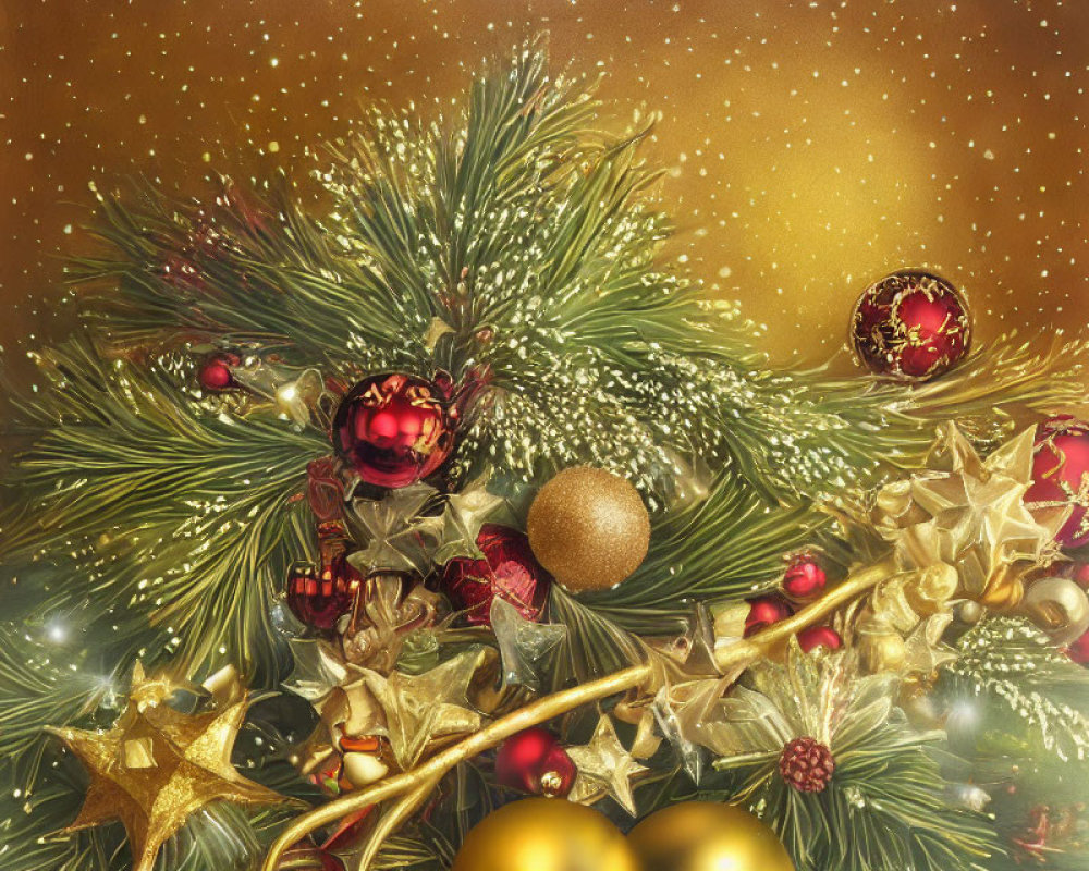 Christmas Pine Branches with Red and Gold Ornaments on Golden Background