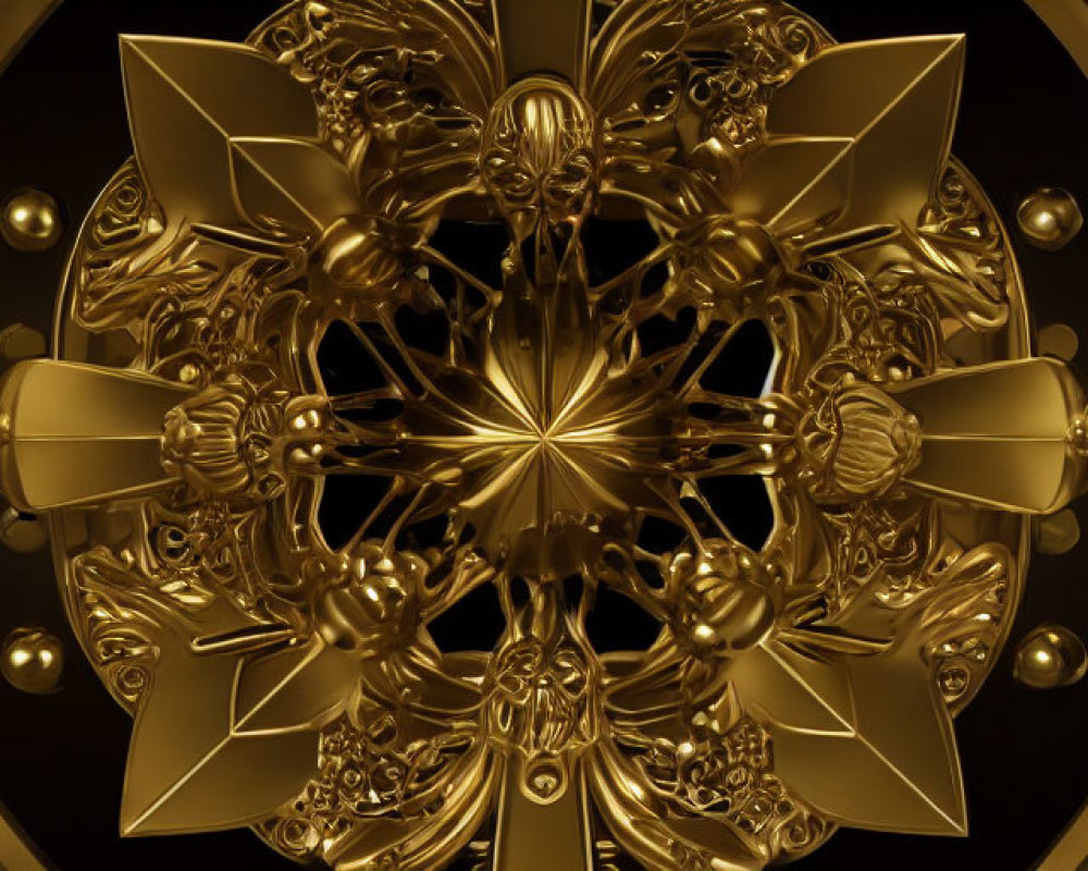 Symmetric golden fractal design with intricate patterns and spherical elements