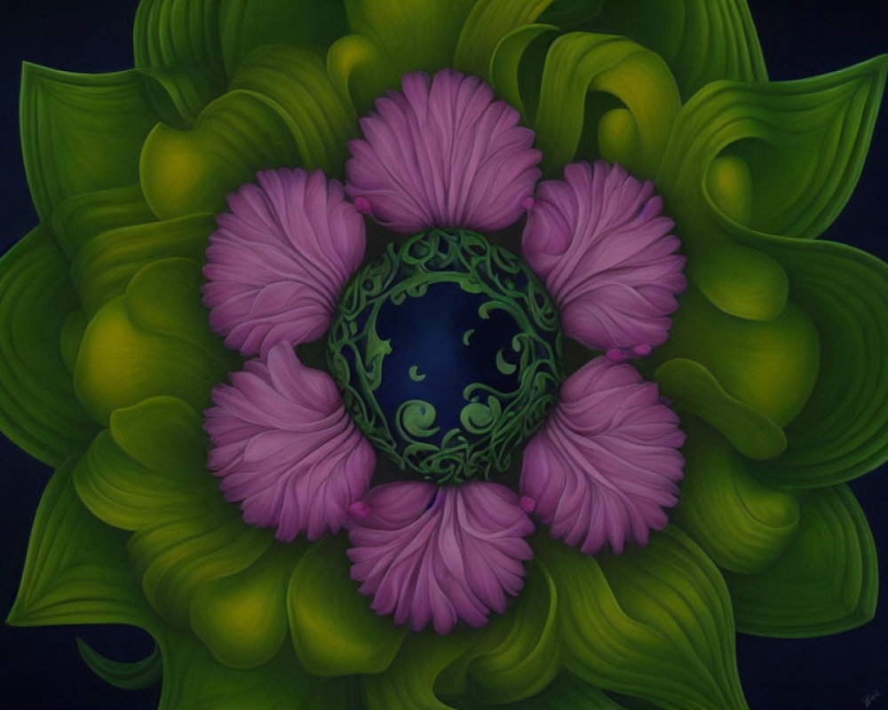 Symmetrical floral digital art with green leaves and purple petals