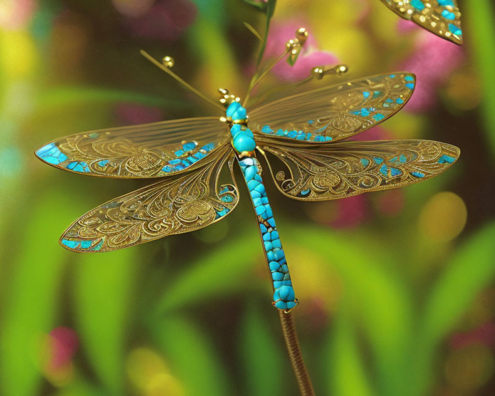 Intricate gold and turquoise jeweled dragonfly in vivid garden scene