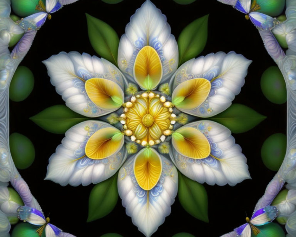 Symmetrical digital artwork: Floral pattern with petal-like shapes in white, yellow, blue, green