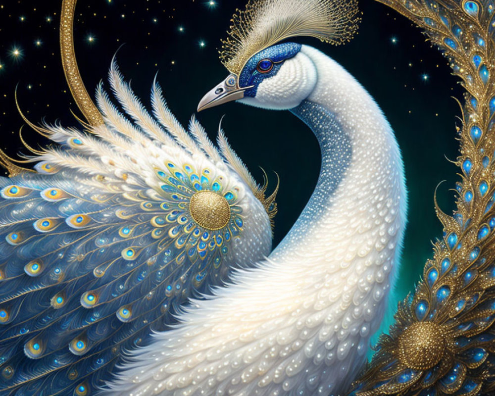 Majestic white peacock with blue and golden plumage on starry night background