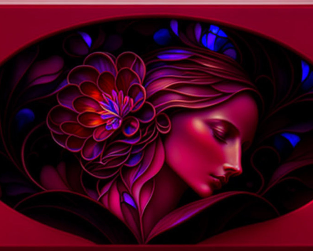 Woman's profile with vibrant floral motifs in stained glass style on deep red background