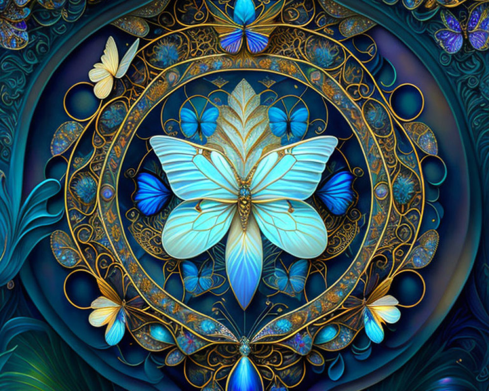 Symmetrical digital artwork with jewel-toned butterflies in golden frames