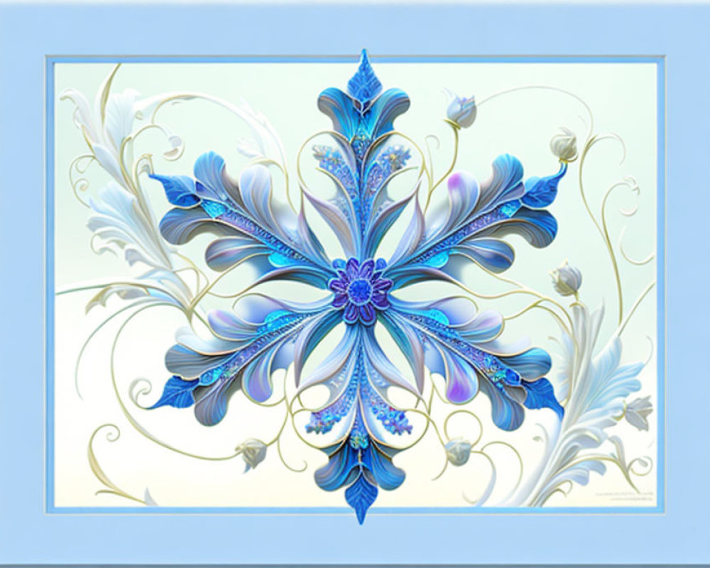 Blue and White Floral Artwork with Symmetrical Design and Swirling Accents