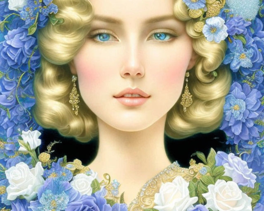 Woman with Curly Golden Hair and Blue Eyes Surrounded by Blue Flowers