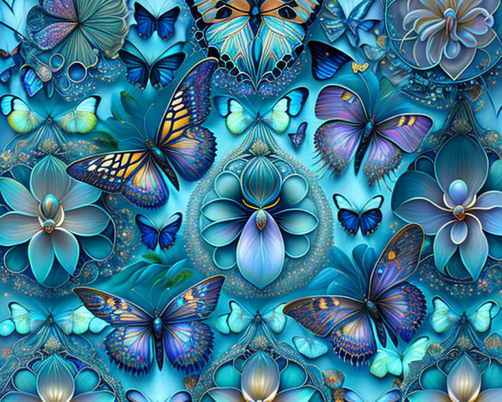 Detailed blue digital artwork with butterflies and flowers in symmetrical pattern