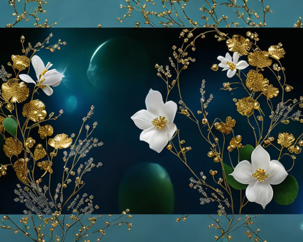 White Flowers and Golden Leaves Artwork on Teal Background with Glowing Orb