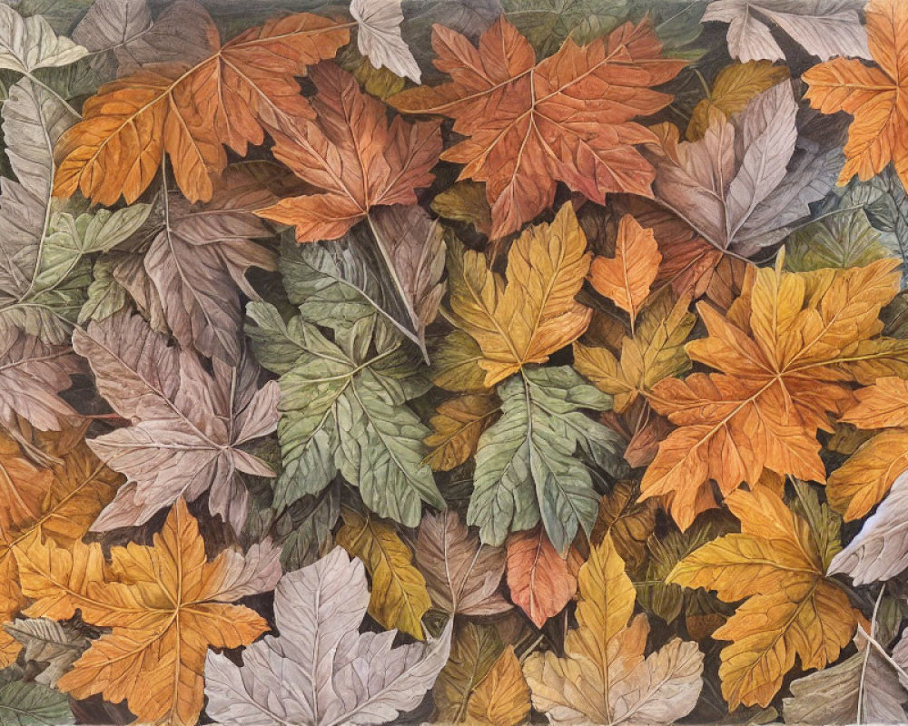 Vibrant fall leaves in orange, yellow, and brown hues with intricate textures.