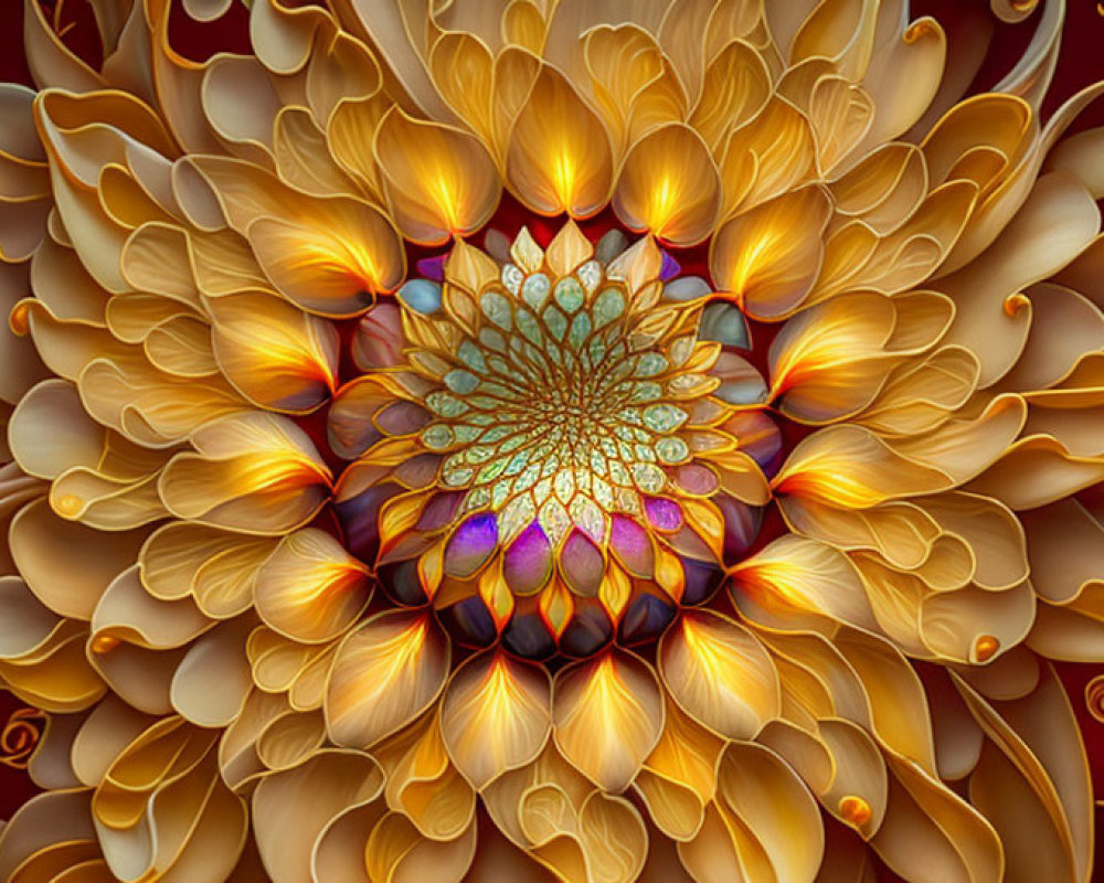 Intricate golden fractal flower on red background