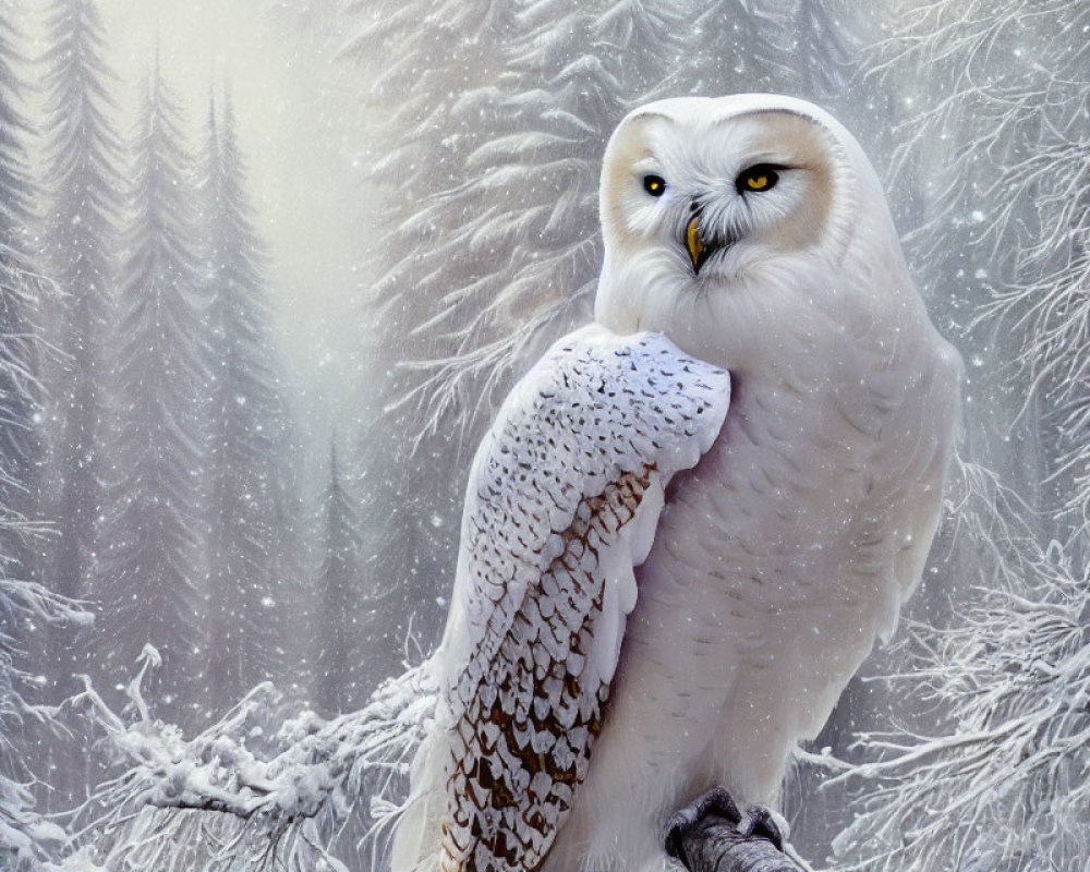 Snowy owl with yellow eyes perched in snowy forest