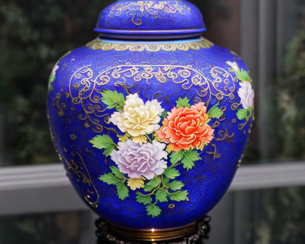 Blue vase with gold patterns and floral designs on green background