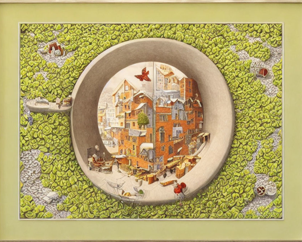 Circular Whimsical Village Scene with Leafy Green Foliage Frame