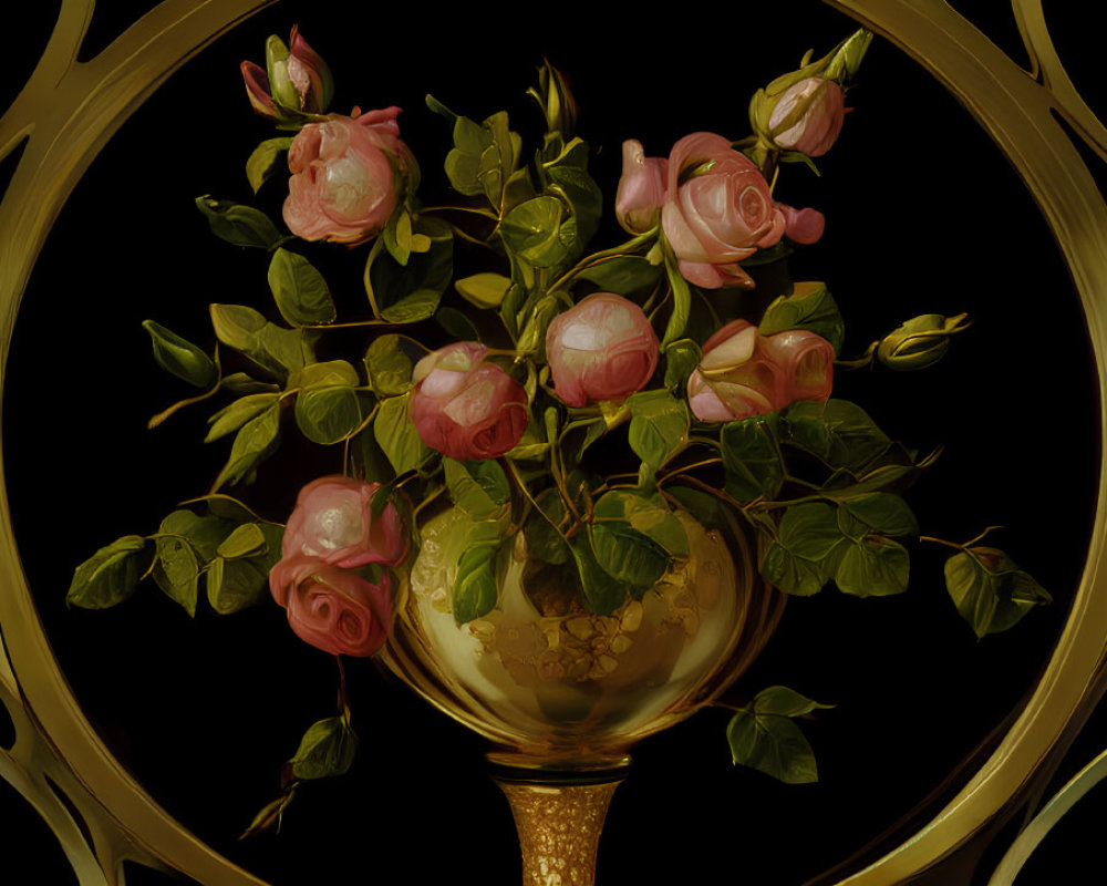 Pale Pink Roses in Golden Vase on Dark Background