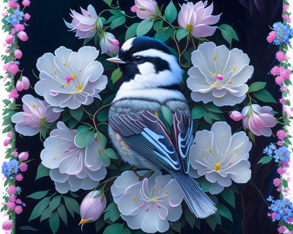 Vibrant bird painting among pink flowers on dark background