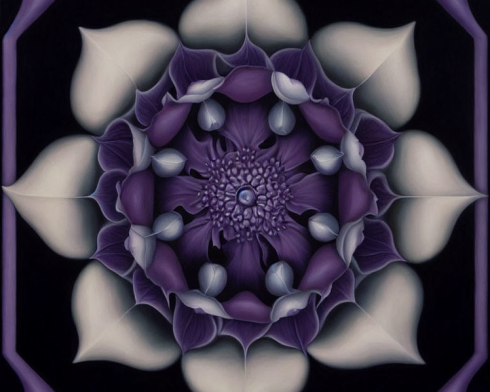 Symmetrical digital painting of stylized purple flower on dark background