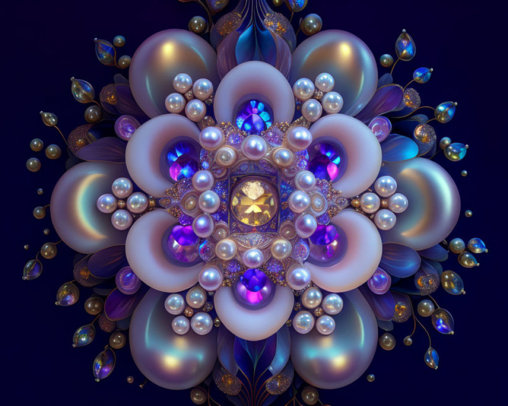 Symmetrical floral digital art with pearls and gemstones on deep blue background