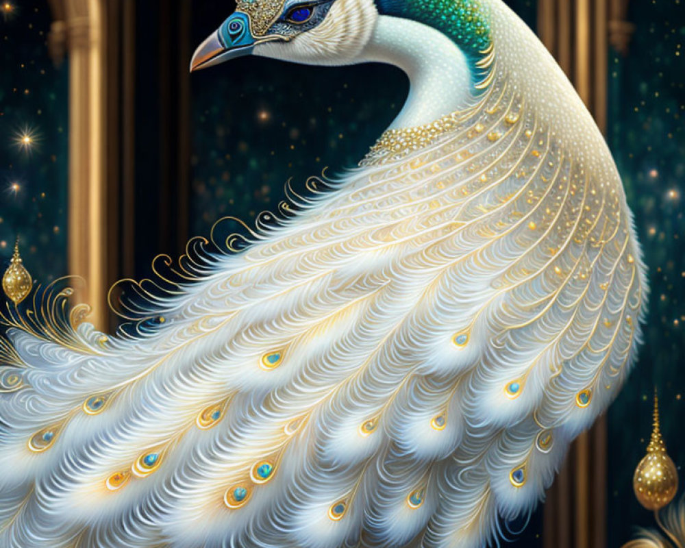 Detailed blue and gold peacock illustration on starry backdrop