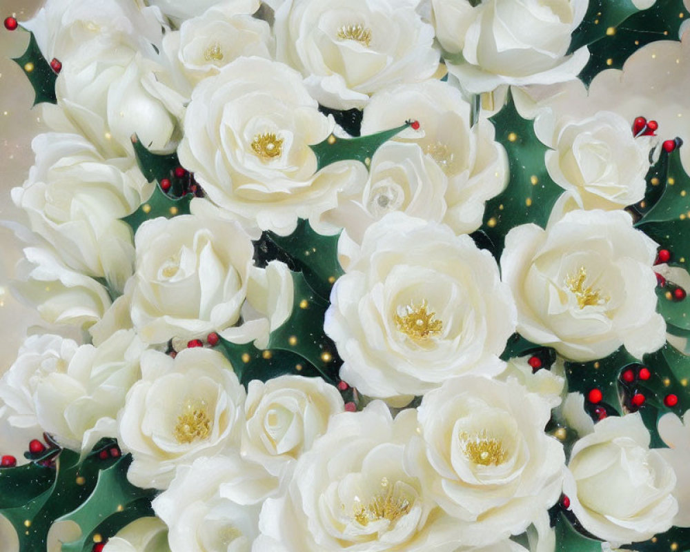 White roses bouquet with gold details, red berries, and glittery backdrop