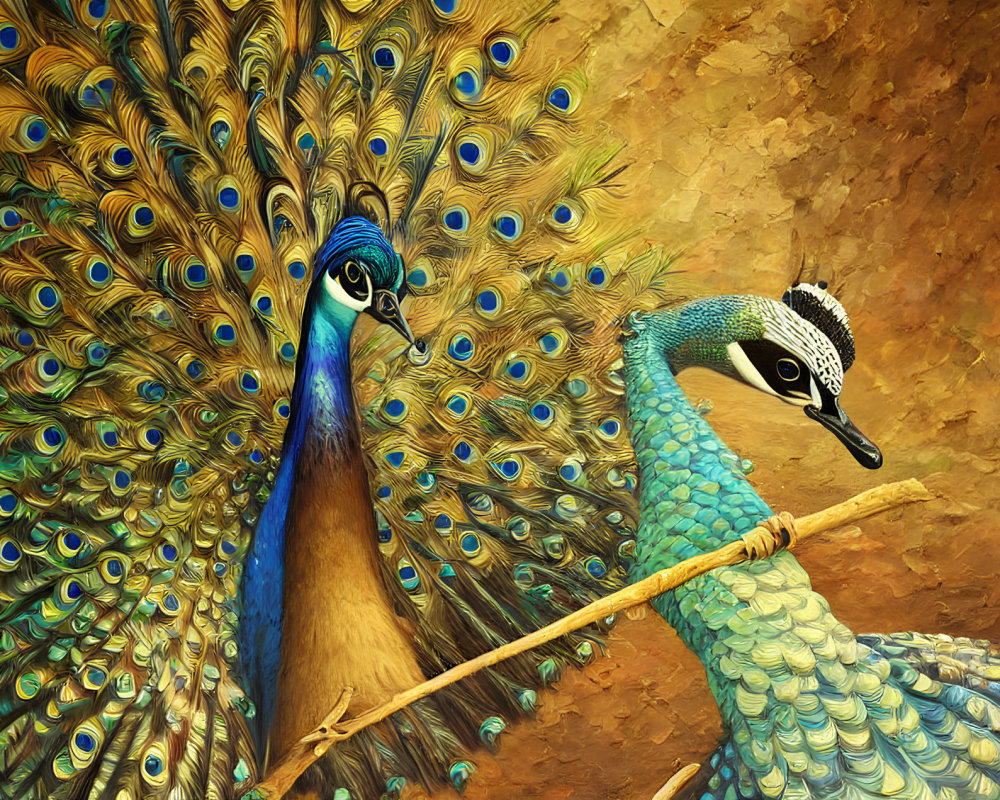 Stylized peacocks with full plumage and perched on a branch on textured golden background