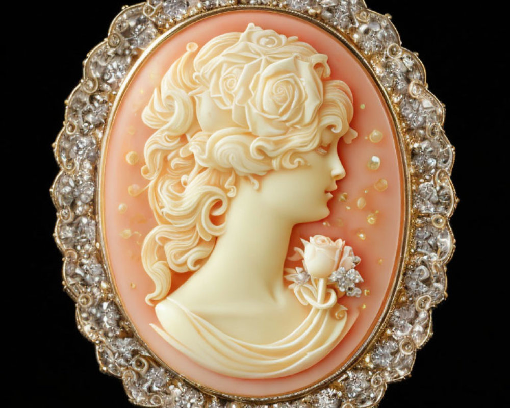 Oval Cameo Brooch with Woman Profile and Roses in Hair