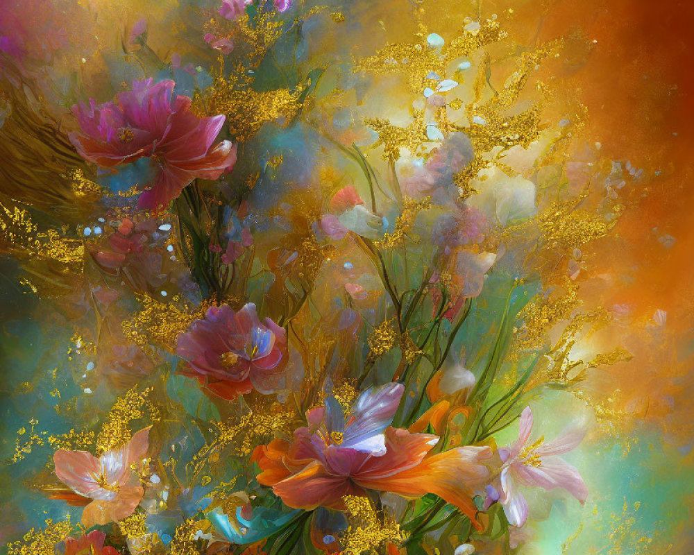 Colorful flower digital art with gold accents on warm backdrop