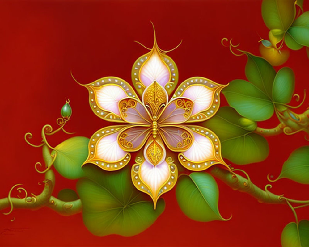 Colorful digital artwork: stylized golden flower on red background