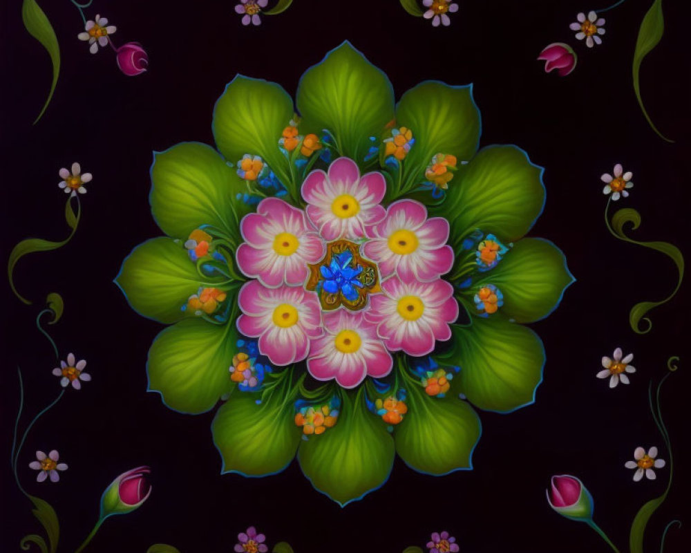 Colorful Floral Mandala with Symmetrical Pink, Yellow, and Green Patterns