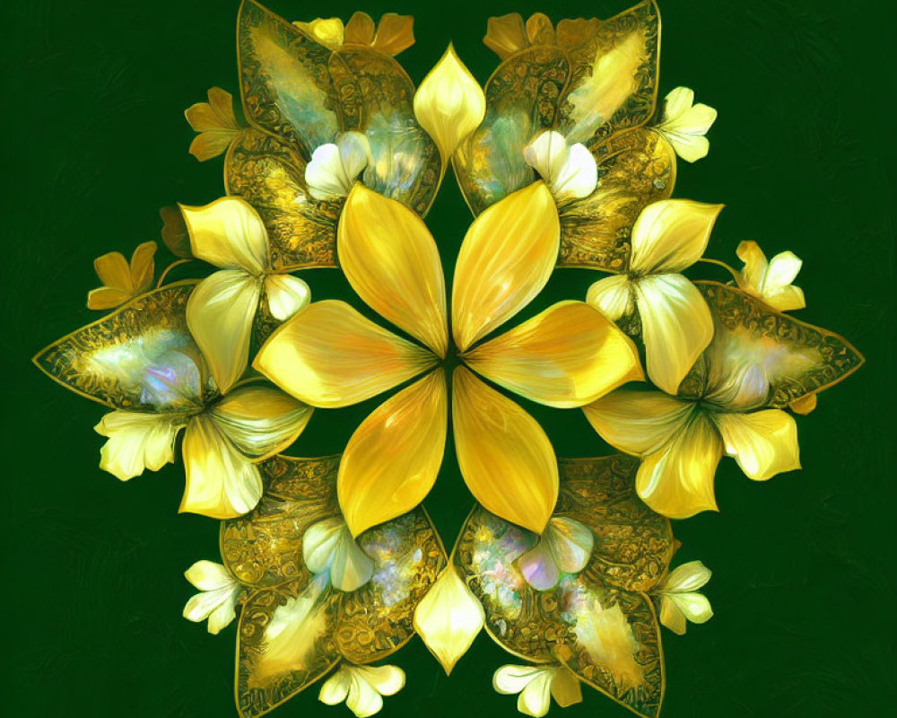 Yellow Petals and Ornate Leaves Mandala Design on Dark Green Background