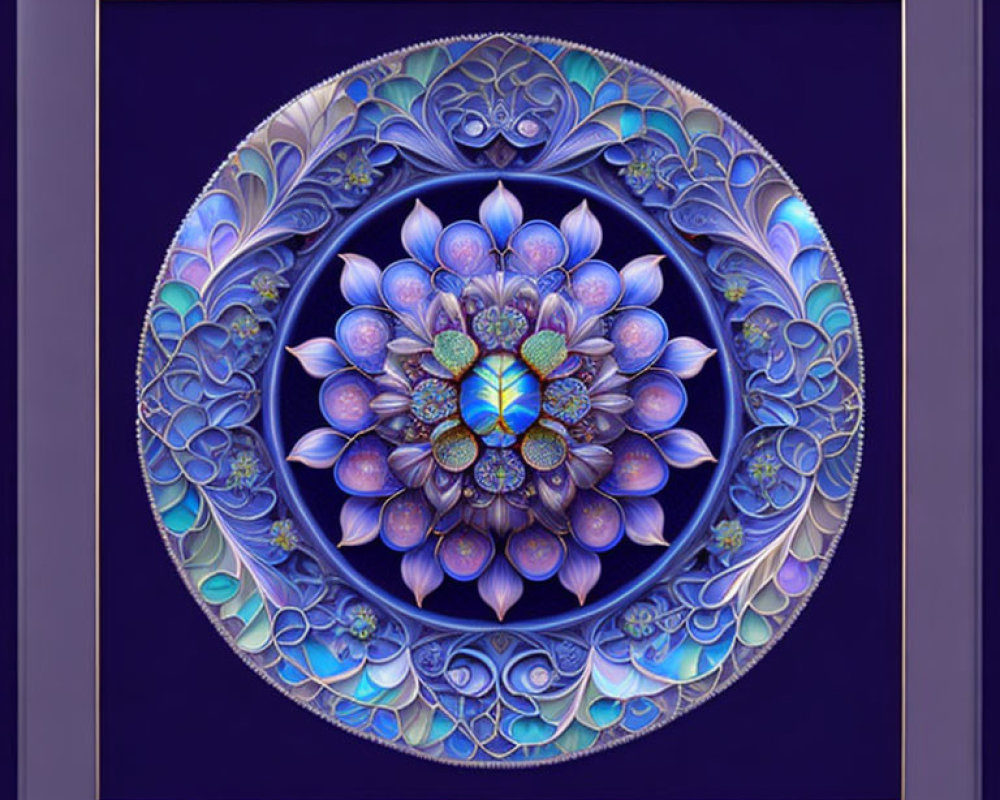 Symmetrical fractal lotus design in blue and purple on deep blue square frame