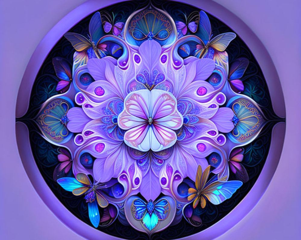 Circular Mandala Artwork with Butterflies and Floral Motifs in Purple and Blue