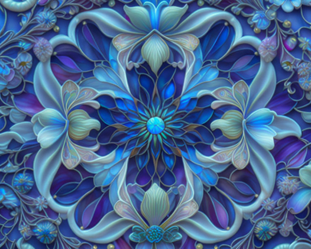 Detailed Blue Mandala with Symmetrical Floral Patterns in Shades of Blue, Purple, and Teal