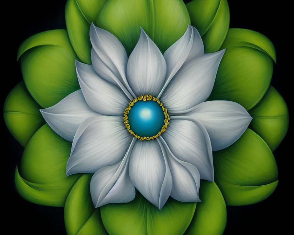 Stylized lotus flower with white petals, blue center, golden ring, dark background, and