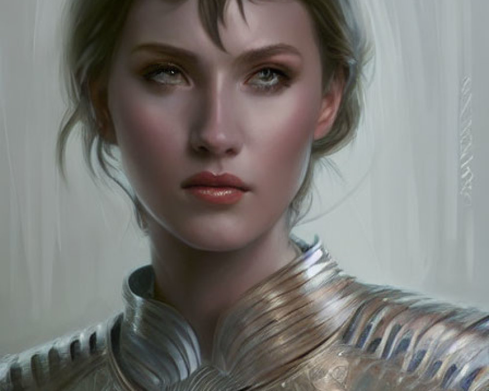 Digital painting of stern woman in silver ornate armor with determined expression